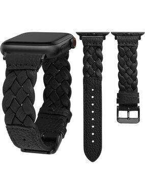 Women's Black Braided Leather Woven Strap Compatible with Apple Wrist Watch